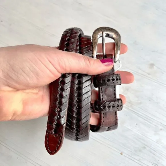 Vintage Brown Leather Braided Woven Belt UNISEX Silver-Plate Buckle, SZ 28 - Picture 2 of 9